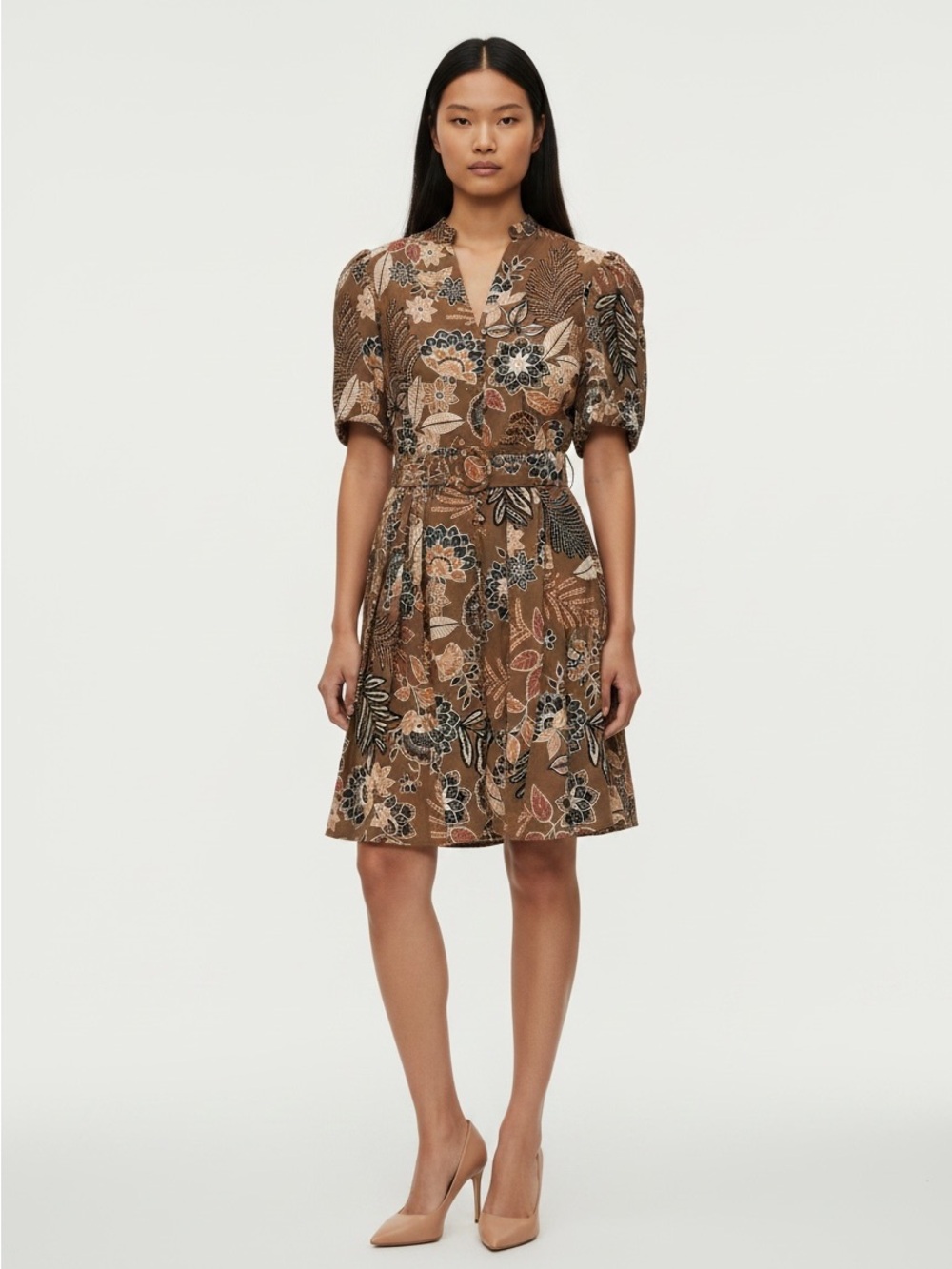 NWT Rachel Zoe Brown Floral Belted Puff-Sleeve Mini Dress
